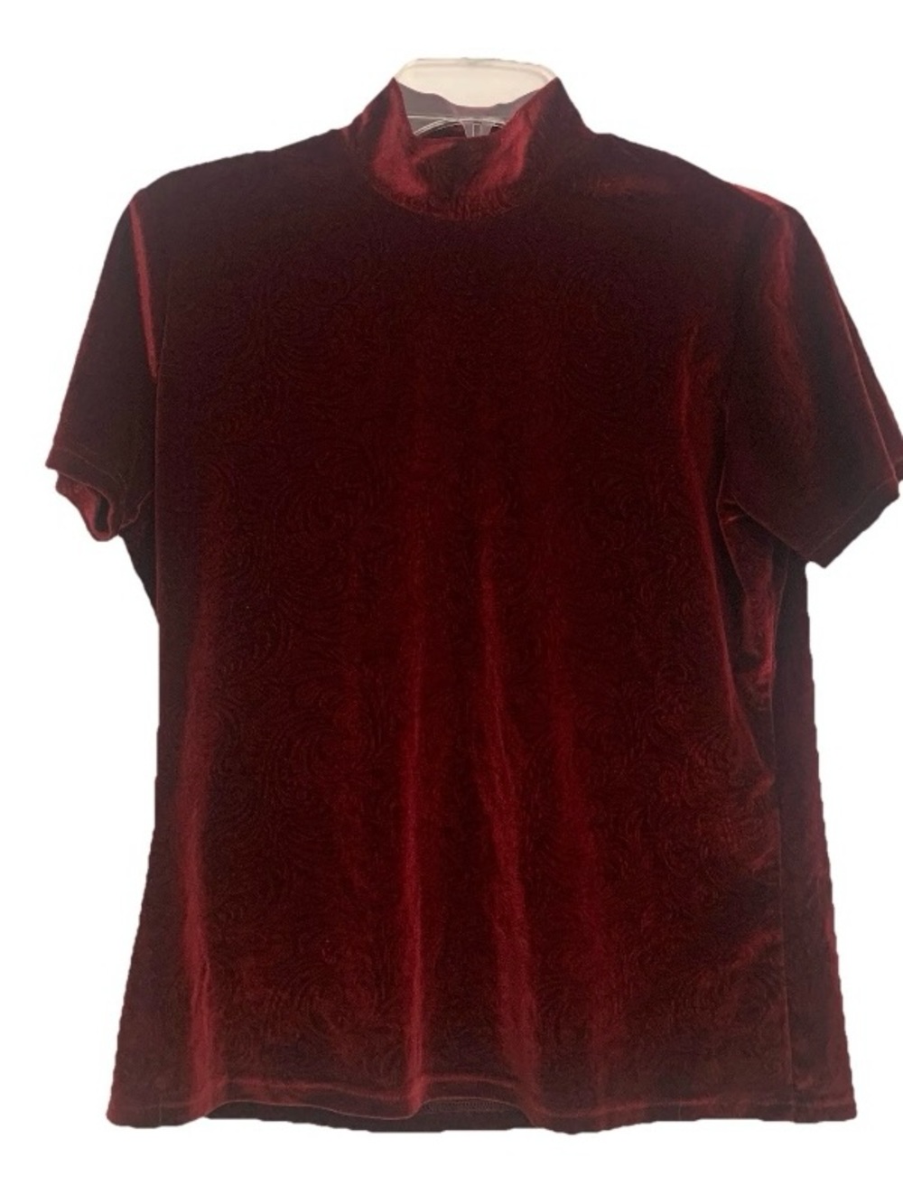 Alexandria Vintage Top Velvet Floral Mock Short Sleeve Wine Red Stretch Sz Large